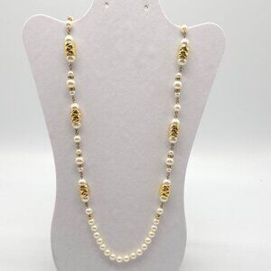 Vintage Faux Pearl Gold Tone Beaded Necklace With Rhinestone Accents No Clasp